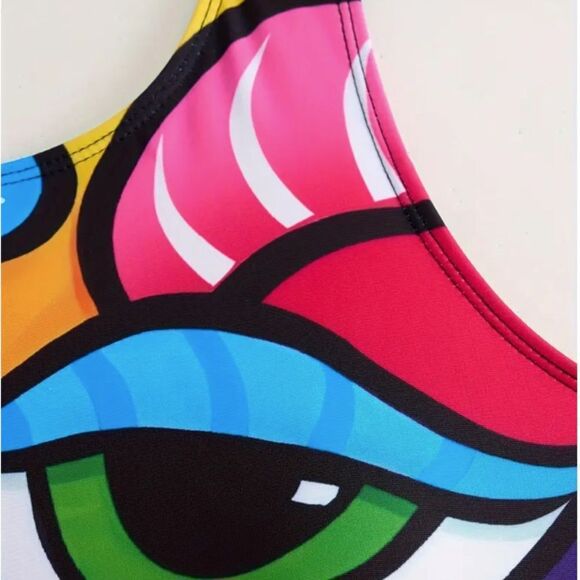 Colorful Graphics Abstract Face One Piece Swimsuit Beach Vacation Cruise Swim - Picture 4 of 6